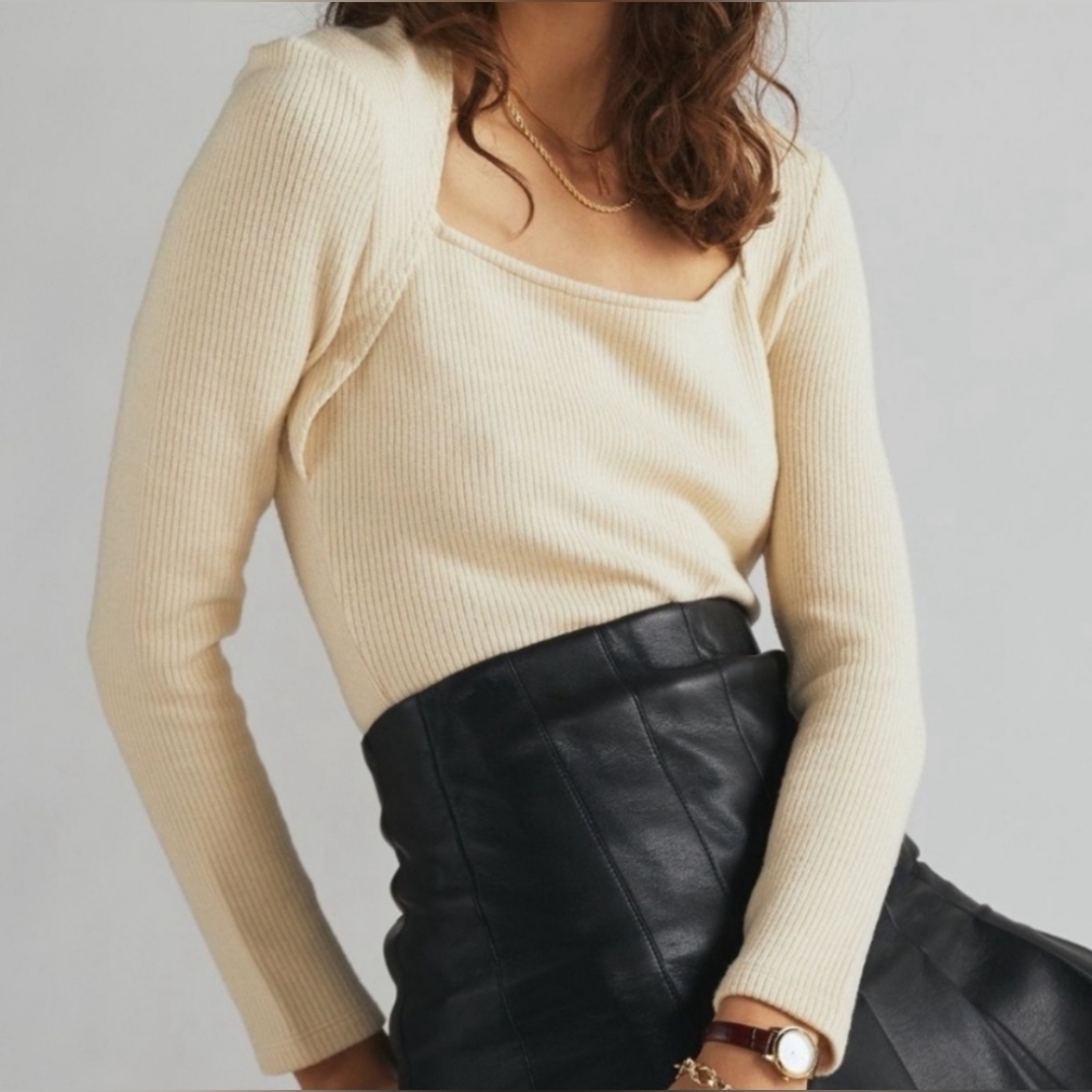 ANTHROPOLOGY Ribbed Knit Square Neck Pullover Top Cream Size Small